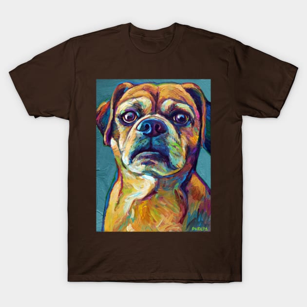 Cute Puggle On Blue T-Shirt by RobertPhelpsArt